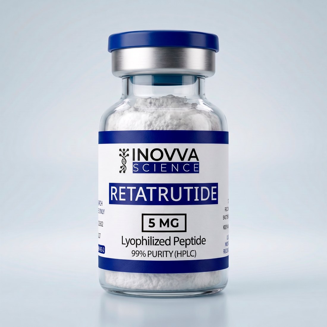 Vial de péptido liofilizado de Inovva Science, etiquetado 99% de pureza HPLC